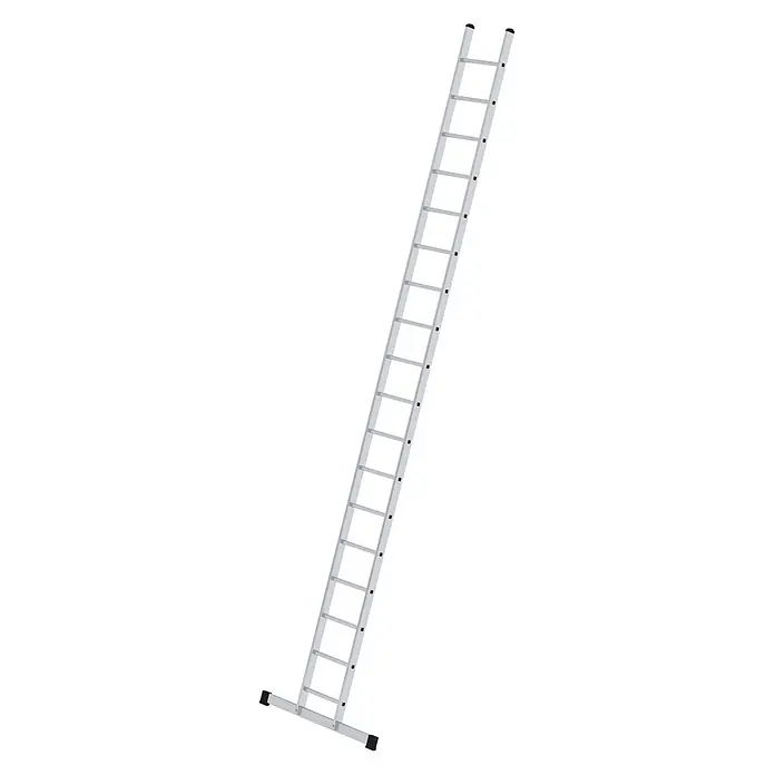 Munk Anlegeleiter Anlegeleiter mit Traverse 18 Sprossen - Anzahl Tritte: 18 Stk., Arbeitshöhe: 6.400 m, Aluminium - Silberne Metallleiter mit mehreren Sprossen und schwarzen Antirutschfüßen.