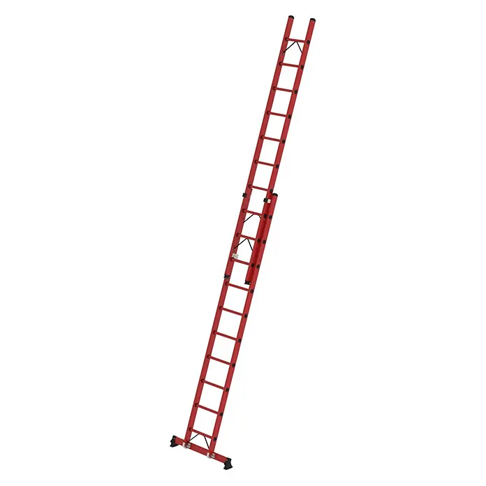 Munk Anlegeleiter Sprossen-Schiebeleiter 2-teilig GFK mit nivello®-Traverse 2x10 Sprossen - Arbeitshöhe: 6.300 m, Kunststoff - Rote Ausziehleiter mit schwarzen Sprossen und stabilisierenden Füßen.