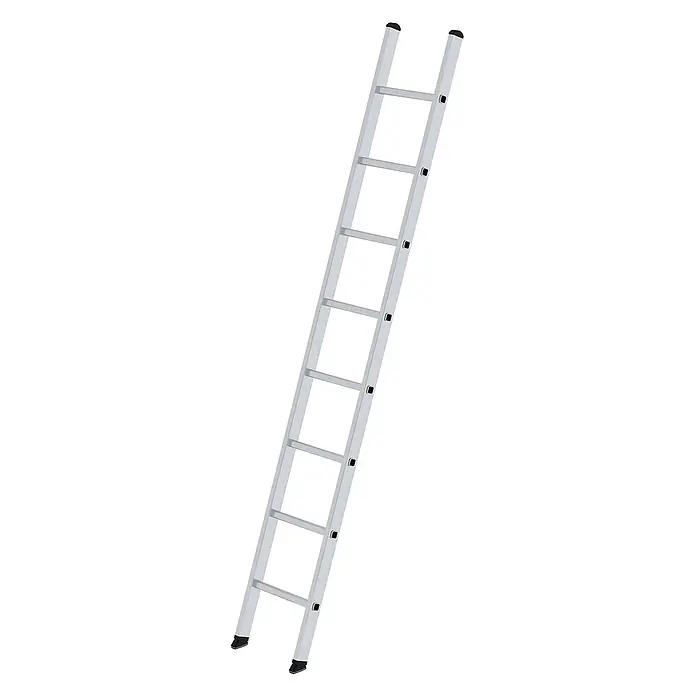 Munk Anlegeleiter Anlegeleiter B35 8 Sprossen - Anzahl Tritte: 8 Stk., Arbeitshöhe: 3.500 m, Belastbarkeit: 150 kg, Aluminium - Silberne Metallleiter mit schwarzen, rutschfesten Füßen und Kappen.