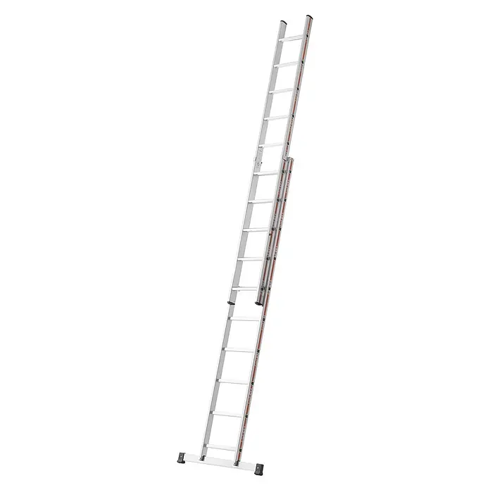 Hymer Anlegeleiter Stufenschiebeleiter 10 Stufen - Anzahl Tritte: 10 Stk., Arbeitshöhe: 5.560 m, Aluminium - Zweiteilige Aluminium-Schiebeleiter mit breitem Querbalken, teilweise ausgefahren.