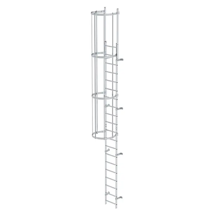 Munk Anlegeleiter ortsfeste Steigleitern Aluminium, 5,60m SH - Aluminium - Silberne Metall-Sicherheitsleiter mit Schutzkorb für vertikalen Zugang.