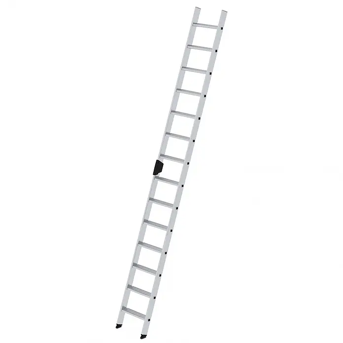Munk Anlegeleiter Stufenanlegeleiter mit Ergo-Pad ohne Traverse 14 Stufen - Anzahl Tritte: 14 Stk., Arbeitshöhe: 4.800 m, Aluminium - Silberne Metall-Ausziehleiter mit schwarzen Füßen und schwarzem Verriegelungsmechanismus, diagonal lehnend.