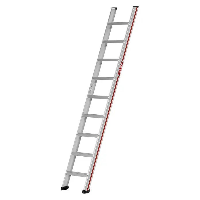 Hymer Anlegeleiter Stufenanlegeleiter mit 8-fach vollvernieteter Stufen 9 Stufen - Anzahl Tritte: 9 Stk., Arbeitshöhe: 3.370 m, Aluminium - Silberne Aluminium-Anlegeleiter mit rotem Streifen und schwarzen Anti-Rutsch-Füßen.