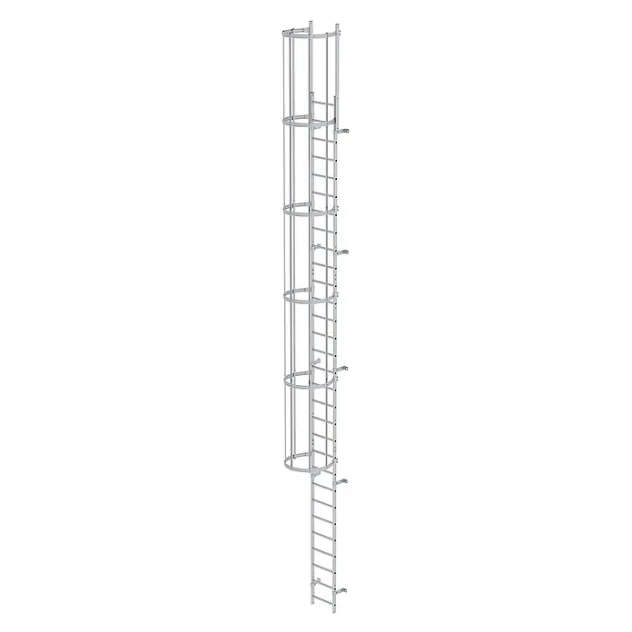 Munk Anlegeleiter ortsfeste Steigleitern Aluminium eloxiert, 8,40m SH - Aluminium - Silberfarbene, umhauste Industrietreppe aus Metall für sicheren vertikalen Zugang.