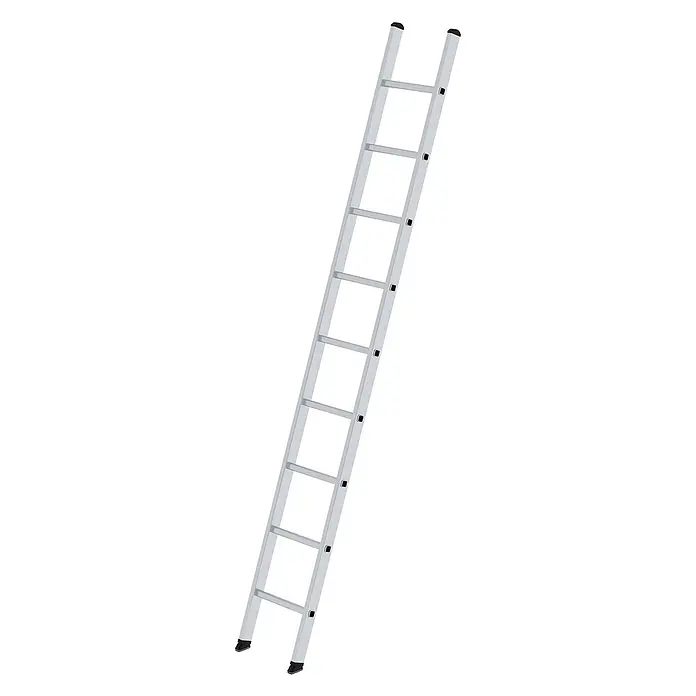 Munk Anlegeleiter Anlegeleiter B35 9 Sprossen - Anzahl Tritte: 9 Stk., Arbeitshöhe: 3.700 m, Belastbarkeit: 150 kg, Aluminium - Hellgraue Metallleiter mit schwarzen Anti-Rutsch-Füßen und Kappen.