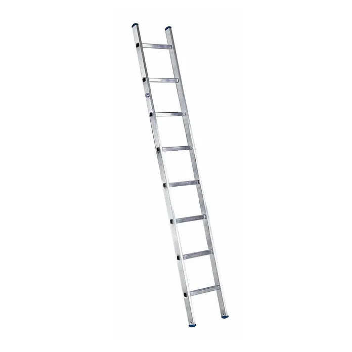 Iller Leiter Anlegeleiter Sprossen Anlege Eurostars 10 Sprossen - Anzahl Tritte: 10 Stk., Arbeitshöhe: 3.850 m, Aluminium - Silberne Aluminiumleiter mit blauen Endkappen, schräg lehnend.