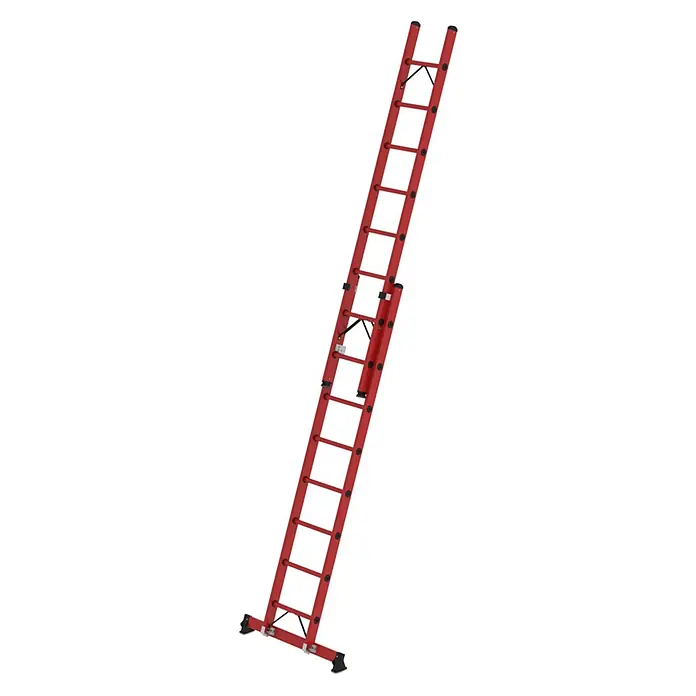 Munk Anlegeleiter Sprossen-Schiebeleiter 2-teilig GFK mit nivello®-Traverse 2x8 Sprossen - Arbeitshöhe: 5.200 m, Kunststoff - Rote Ausziehleiter mit schwarzen Sprossen und stabilisierenden Füßen.