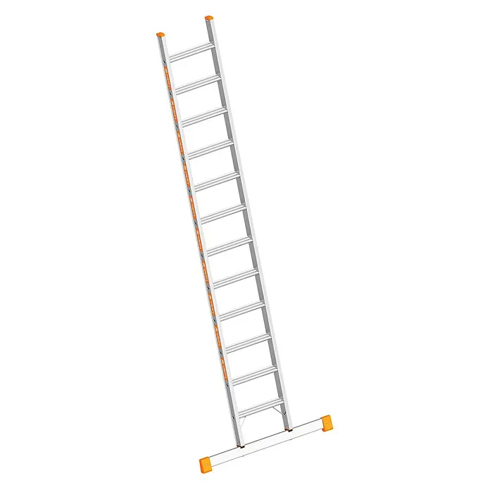 Layher Anlegeleiter Topic 1042 Stufenanlegeleiter mit Quertraverse 13 Stufen - Anzahl Tritte: 13 Stk., Arbeitshöhe: 4.400 m, Aluminium - Silberne Aluminium-Einfachleiter mit orangefarbenen rutschfesten Kappen und breiter Standtraverse.
