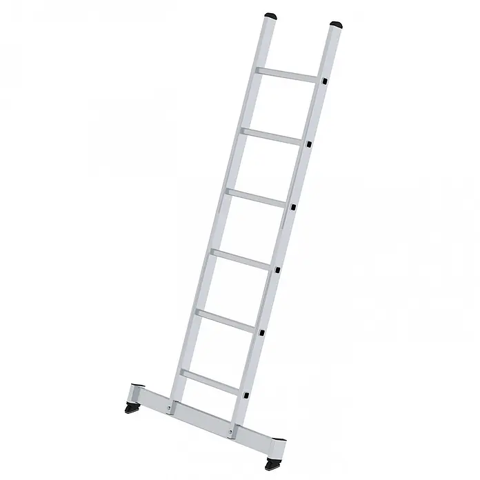 Munk Anlegeleiter Anlegeleiter mit nivello-Traverse 6 Sprossen - Anzahl Tritte: 6 Stk., Arbeitshöhe: 3.000 m, Aluminium - Silberne Aluminium-Haushaltsleiter mit schwarzen Füßen und Kappen.