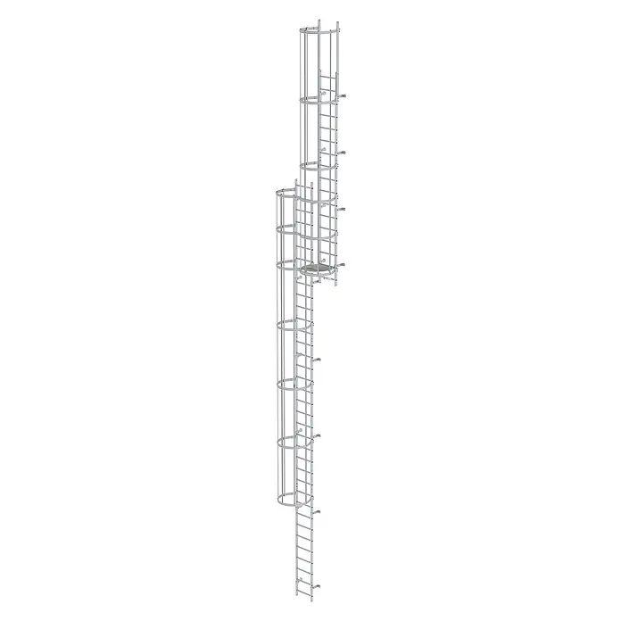 Munk Anlegeleiter ortsfeste Steigleitern Aluminium eloxiert, 12,60m SH PG1 - Aluminium - Silberfarbenes Metall-Steigleiter-System mit Zwischenpodest für sicheren vertikalen Zugang.
