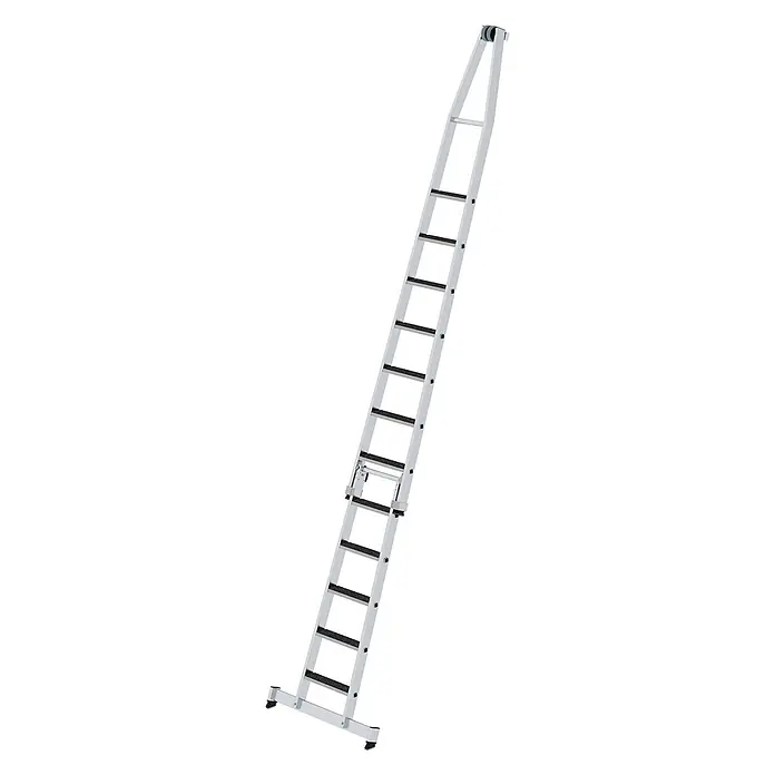 Munk Anlegeleiter Stufen- Glasreinigerleiter 2-teilig mit clip-step R13 und nivello Traverse - Anzahl Tritte: 12 Stk., Arbeitshöhe: 5.150 m, Aluminium - Silberne Aluminium-Dachleiter mit breiten, rutschfesten Sprossen und oberen Rollen für den Dachzugang. Stabile Basis.