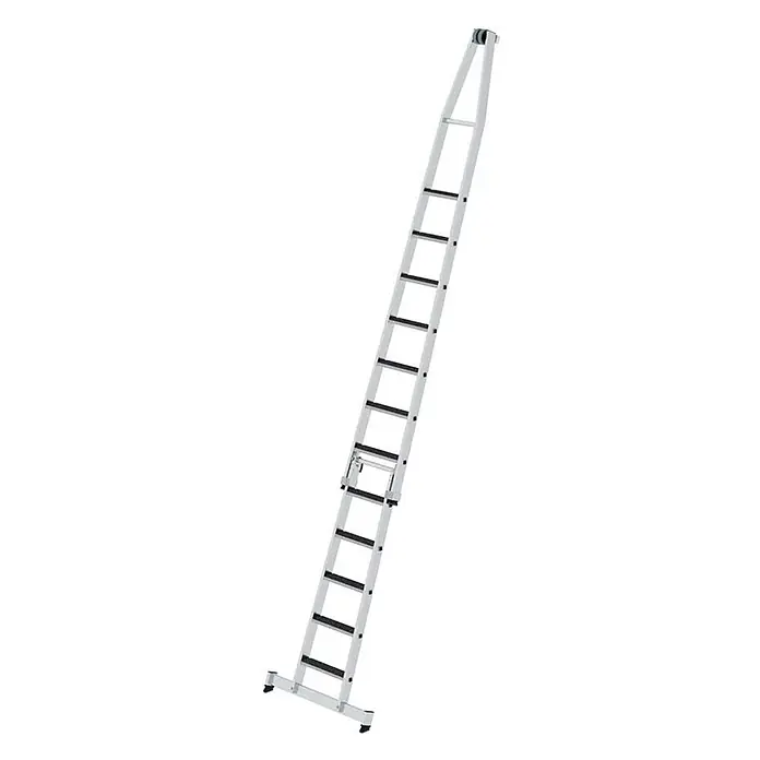 Munk Anlegeleiter Stufen- Glasreinigerleiter 2-teilig mit clip-step R13 und nivello Traverse - Anzahl Tritte: 12 Stk., Arbeitshöhe: 5.150 m, Aluminium - Aluminium-Ausziehleiter mit schwarzen Sprossen, Stabilisator und Seilzugsystem.