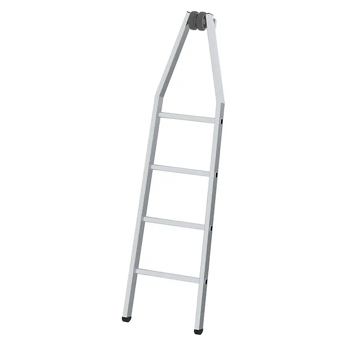 Munk Anlegeleiter Glasreinigerleiter Oberteil mit 4 Sprossen - Aluminium - Silberne Aluminiumleiter mit vier Sprossen, schwarzen Anti-Rutsch-Füßen und zwei grauen Rollen oben.