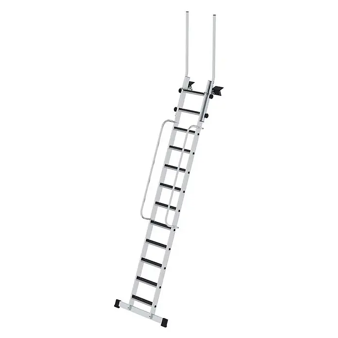 Munk Anlegeleiter Geschossleiter 4,0m AH mit Clip-Step R13 und Handlauf 12 Stufen - Anzahl Tritte: 12 Stk., Arbeitshöhe: 3.960 m, Aluminium - Silberne Aluminiumleiter mit schwarzen Stufen und integriertem Handlauf, ausgestattet mit oberen Sicherheitspfosten und rutschfesten Füßen für sicheren Zugang.