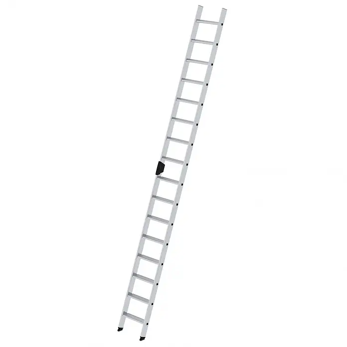 Munk Anlegeleiter Stufenanlegeleiter mit Ergo-Pad ohne Traverse 16 Stufen - Anzahl Tritte: 16 Stk., Arbeitshöhe: 5.300 m, Aluminium - Silberne Aluminium-Ausziehleiter mit schwarzem Verriegelungsmechanismus und rutschfesten Füßen.