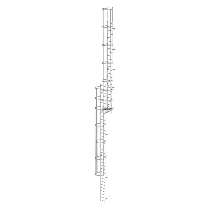 Munk Anlegeleiter ortsfeste Steigleitern Aluminium eloxiert, 15,12m SH PG1 - Aluminium - Modulares silbernes Metall-Steigleiter-System mit Zwischenpodest für sicheren vertikalen Zugang.