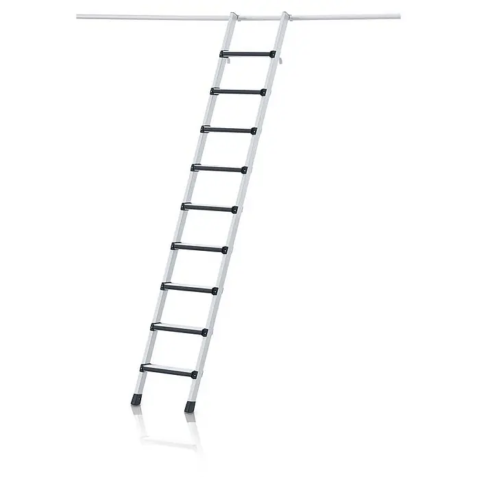 Zarges Anlegeleiter Anlegeleiter Comfortstep L 6 gepolsterte Stufen - Anzahl Tritte: 6 Stk., Arbeitshöhe: 2.750 m, Aluminium - Silberne Aluminiumleiter mit schwarzen Sprossen, an einer horizontalen Stange eingehakt.