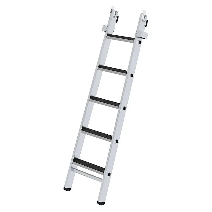 Munk Anlegeleiter Stufen-Glasreinigerleiter mit nivello-Traverse clip-step R13, 5-stufiges Mi - Anzahl Tritte: 5 Stk., Aluminium - Silberne Aluminiumleiter mit schwarzen rutschfesten Sprossen und verstellbaren Haken.