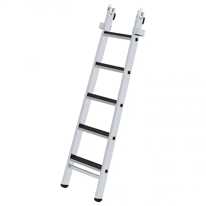 Munk Anlegeleiter Stufen-Glasreinigerleiter mit nivello-Traverse clip-step R13, 5-stufiges Mi - Anzahl Tritte: 5 Stk., Aluminium - Silberne Aluminiumleiter mit schwarzen Anti-Rutsch-Sprossen und verstellbaren oberen Beschlägen.