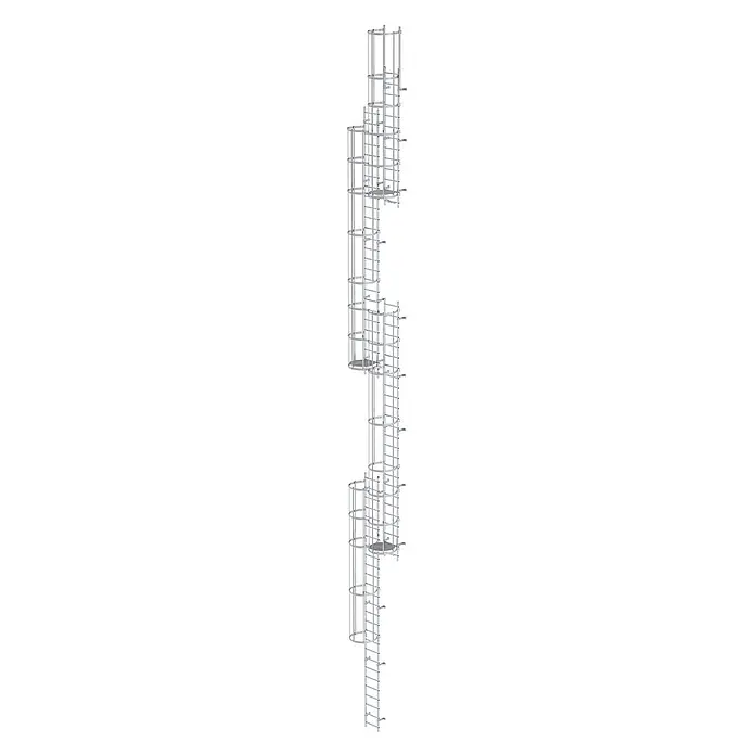 Munk Anlegeleiter ortsfeste Steigleitern Aluminium 18,76m SH PG2 - Aluminium - Vertikale Sicherheitsleiter aus silbernem Metall mit Schutzkorb und Zwischenpodesten.