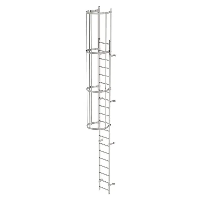 Munk Anlegeleiter ortsfeste Steigleitern Edelstahl, 5,60m SH - Edelstahl - Silberne Metall-Schutzkorbleiter.