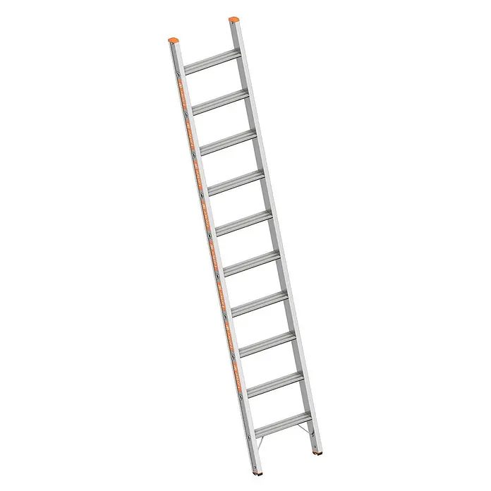 Layher Anlegeleiter Topic 1042 Stufenanlegeleiter 10 Stufen - Anzahl Tritte: 10 Stk., Arbeitshöhe: 3.600 m, Aluminium - Silberne Aluminium-Anlegeleiter mit geriffelten Sprossen, orangefarbenen Schutzkappen und Layher-Branding.