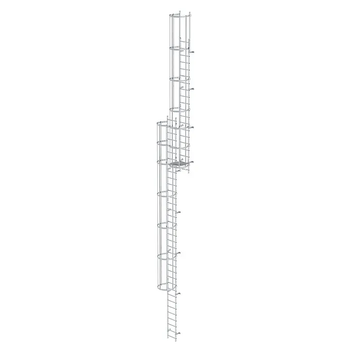 Munk Anlegeleiter ortsfeste Steigleitern Aluminium, 13,44m SH - Aluminium - Silberfarbenes Industrie-Leitersystem mit Schutzkorb und Zwischenpodest.