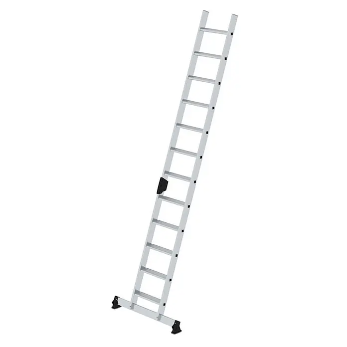 Munk Anlegeleiter Stufenanlegeleiter mit nivello-Traverse und Ergo-Pad 12 Stufen - Anzahl Tritte: 12 Stk., Arbeitshöhe: 4.300 m, Belastbarkeit: 150 kg, Aluminium - Silberne Aluminium-Anlegeleiter mit schwarzen rutschfesten Füßen und schwarzem Verriegelungsmechanismus.