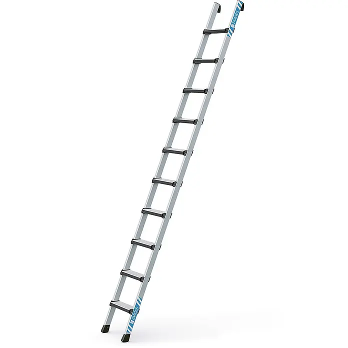 Zarges Anlegeleiter Anlegeleiter Comfortstep L 10 gepolsterte Stufen - Anzahl Tritte: 10 Stk., Arbeitshöhe: 3.750 m, Aluminium - Silberne Aluminium-Anlegeleiter mit schwarzen, rutschfesten Sprossen und blauem ZARGES-Branding.