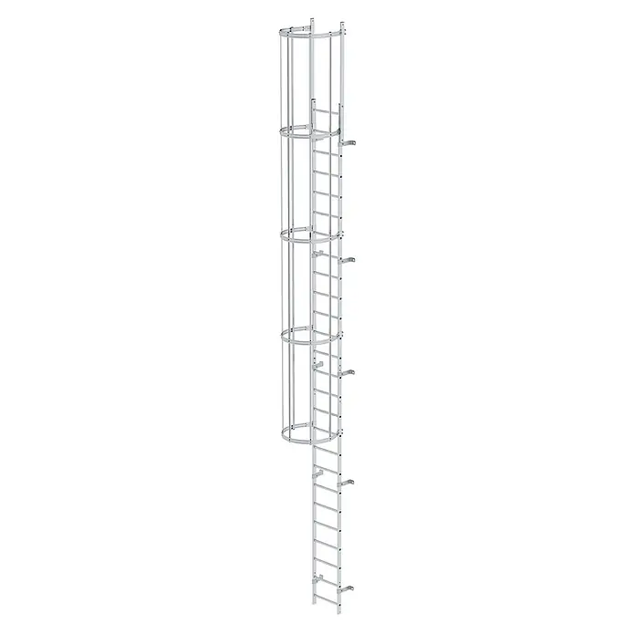 Munk Anlegeleiter ortsfeste Steigleitern Aluminium, 7,28m SH - Aluminium - Silberfarbene Steigleiter mit Rückenschutzkorb für sicheren vertikalen Zugang und Absturzsicherung.