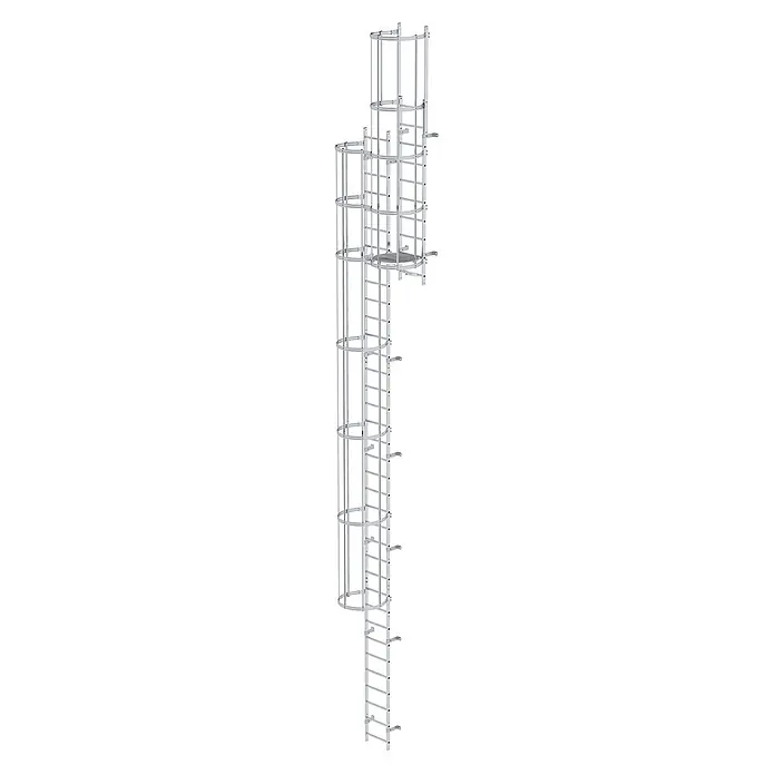 Munk Anlegeleiter ortsfeste Steigleitern Aluminium, 10,64m SH - Aluminium - Mehrteilige silberne Industrietreppe mit Schutzkorb und Plattform.