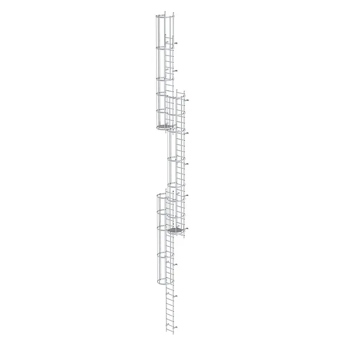Munk Anlegeleiter ortsfeste Steigleitern Aluminium, 15,12m SH PG2 - Aluminium - Silbergraues modulares Industrieladernsystem mit mehreren Abschnitten, Sicherheitskäfigen und Zwischenpodesten.