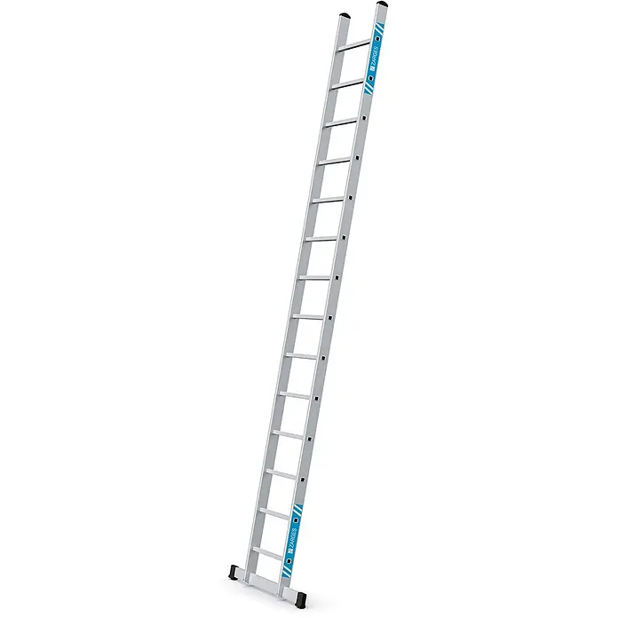 Zarges Anlegeleiter Stella L Anlegeleiter 14 Sprossen - Anzahl Tritte: 14 Stk., Arbeitshöhe: 4.950 m, Aluminium - Silberne Aluminium-Anlegeleiter mit schwarzen Anti-Rutsch-Füßen und ZARGES-Branding.