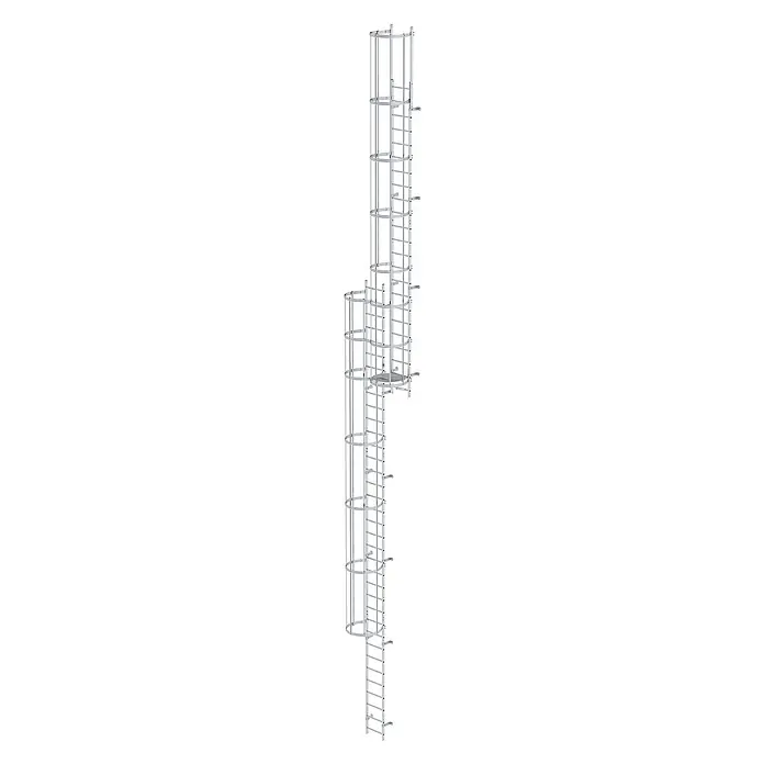 Munk Anlegeleiter ortsfeste Steigleitern Aluminium, 14,28m SH - Aluminium - Modulare silberne Industrietreppe mit Schutzkorb und Ruheplattform.