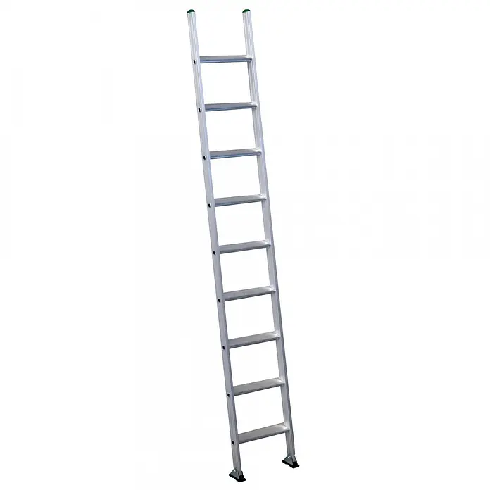 Facal Anlegeleiter Anlegeleiter Prima S600 PM295/L 9 Stufen - Anzahl Tritte: 9 Stk., Arbeitshöhe: 3.850 m, Aluminium - Silberne Aluminiumleiter mit grünen Kappen und schwarzen, rutschfesten Füßen.