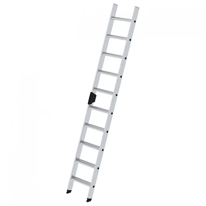 Munk Anlegeleiter Stufenanlegeleiter mit Ergo-Pad ohne Traverse 10 Stufen - Anzahl Tritte: 10 Stk., Arbeitshöhe: 3.800 m, Aluminium - Silberne Aluminium-Ausziehleiter mit schwarzen Anti-Rutsch-Füßen und Verriegelungsmechanismus.