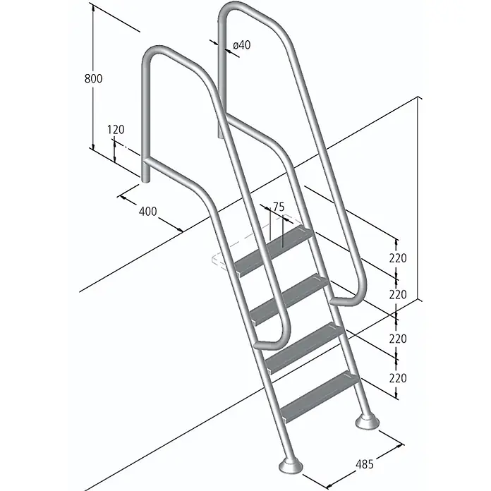 Ideal Eichenwald Anlegeleiter Poolleiter Modell 10 Florida Beckentiefe 1500mm Ausladung 700mm 5 Stufen - Anzahl Tritte: 5 Stk., Belastbarkeit: 120 kg, Edelstahl - Silbergraue Metall-Poolleiter mit Handläufen und vier Stufen.