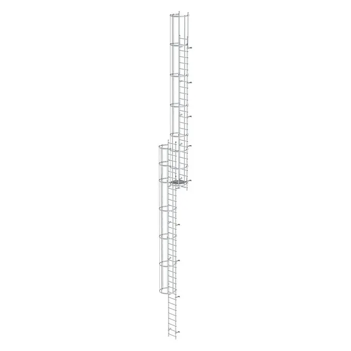 Munk Anlegeleiter ortsfeste Steigleitern Aluminium, 15,12m SH - Aluminium - Modulares Steigleiter-System aus Leichtmetall mit Schutzkorb, mehreren Abschnitten und einer Zwischenplattform.