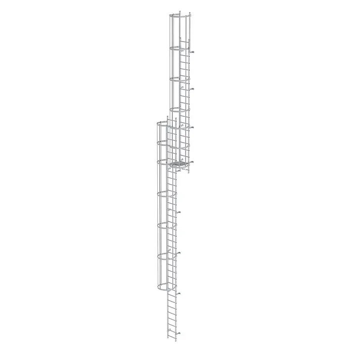 Munk Anlegeleiter ortsfeste Steigleitern Aluminium eloxiert, 13,44m SH PG1 - Aluminium - Silbergraue Industrieleiter mit Schutzkorb und Zwischenplattform für vertikalen Zugang.