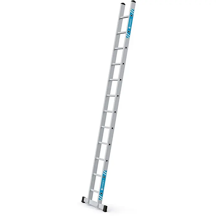 Zarges Anlegeleiter Anlegeleiter Alto L 12 Sprossen - Anzahl Tritte: 12 Stk., Arbeitshöhe: 4.400 m, Aluminium - Silberne Aluminium-Anlegeleiter mit schwarzen Endkappen und Trittflächen, mit blauem ZARGES-Etikett.