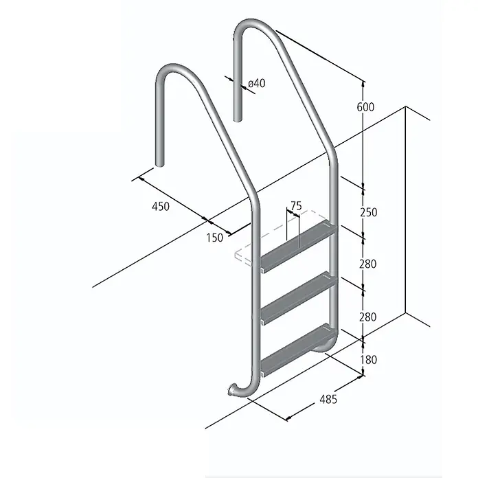 Ideal Eichenwald Anlegeleiter Poolleiter Modell 05 Marina Beckentiefe 1340mm 4 Stufen - Anzahl Tritte: 4 Stk., Belastbarkeit: 120 kg, Edelstahl - Edelstahl-Schwimmbadleiter mit drei Stufen und Handläufen.