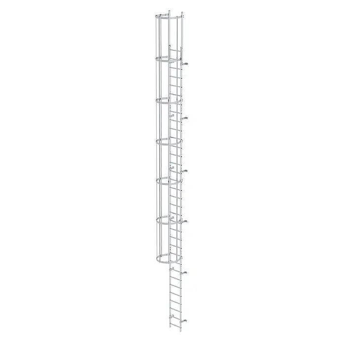 Munk Anlegeleiter ortsfeste Steigleitern Aluminium, 9,52m SH - Aluminium - Leiter mit Rückenschutz aus silbernem Metall für sicheren vertikalen Zugang mit integriertem Fallschutz.
