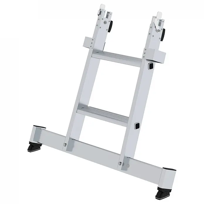 Munk Anlegeleiter Stufen-Glasreinigerleiter mit nivello-Traverse, 2-stufiges Unterteil - Anzahl Tritte: 2 Stk., Aluminium - Silberfarbene Gelenk-Aluminiumleiter mit breiter Stabilisatorstange und rutschfesten Füßen.