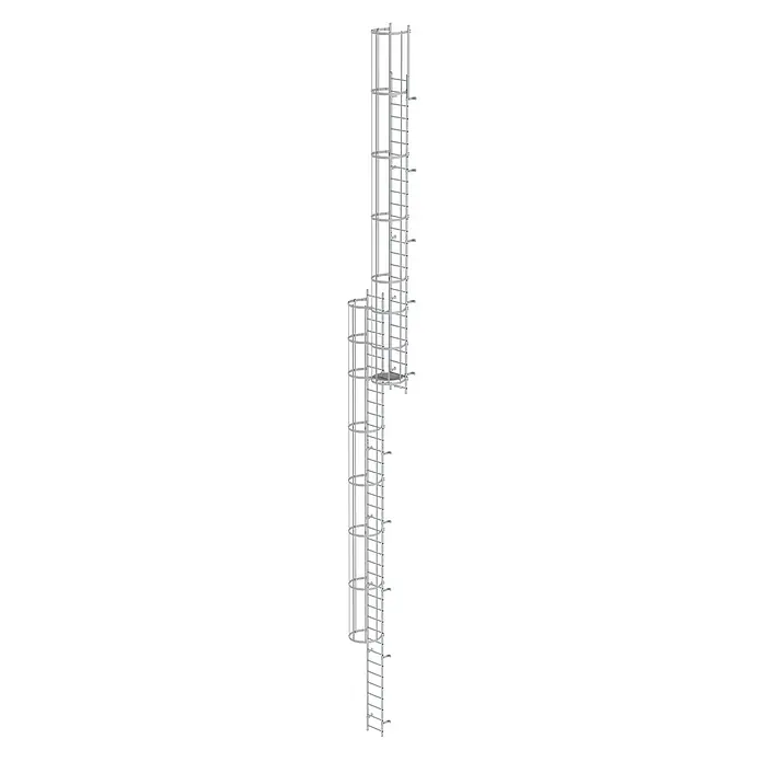 Munk Anlegeleiter ortsfeste Steigleitern Aluminium eloxiert, 15,96m SH PG1 - Aluminium - Modulares, verzinktes Steigleiternsystem mit Rückenschutz und Versatzstück für vertikalen Zugang.