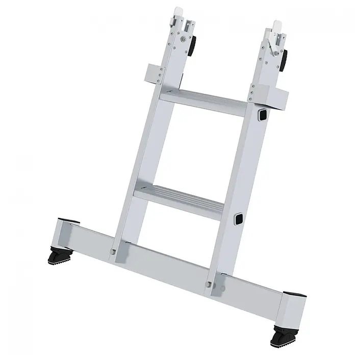 Munk Anlegeleiter Stufen-Glasreinigerleiter mit nivello-Traverse, 2-stufiges Unterteil - Anzahl Tritte: 2 Stk., Aluminium - Silberfarbene Gelenk-Aluminiumleiter mit robusten schwarzen Anti-Rutsch-Füßen und verstellbaren Gelenken.