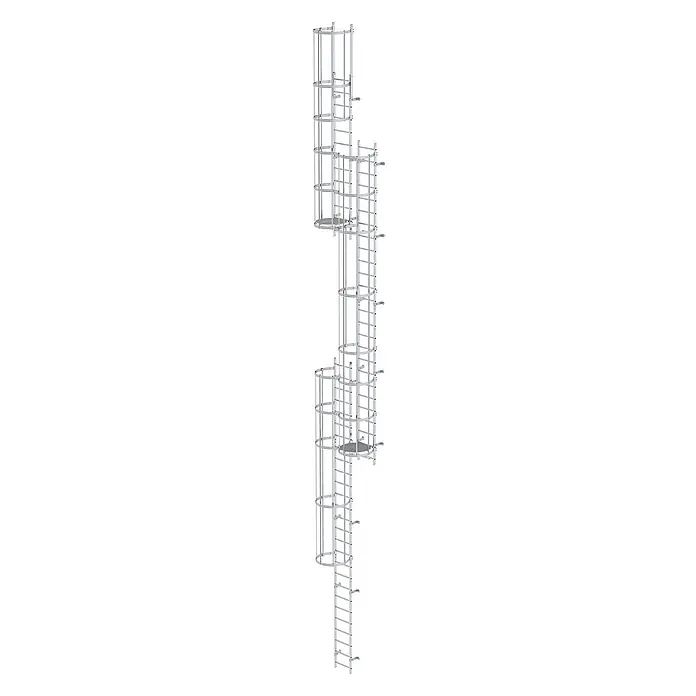 Munk Anlegeleiter ortsfeste Steigleitern Aluminium, 14,00m SH PG2 - Aluminium - Modulares silbernes Metallleiter-System mit Sicherheitskäfigen und Plattformen für vertikalen Zugang.