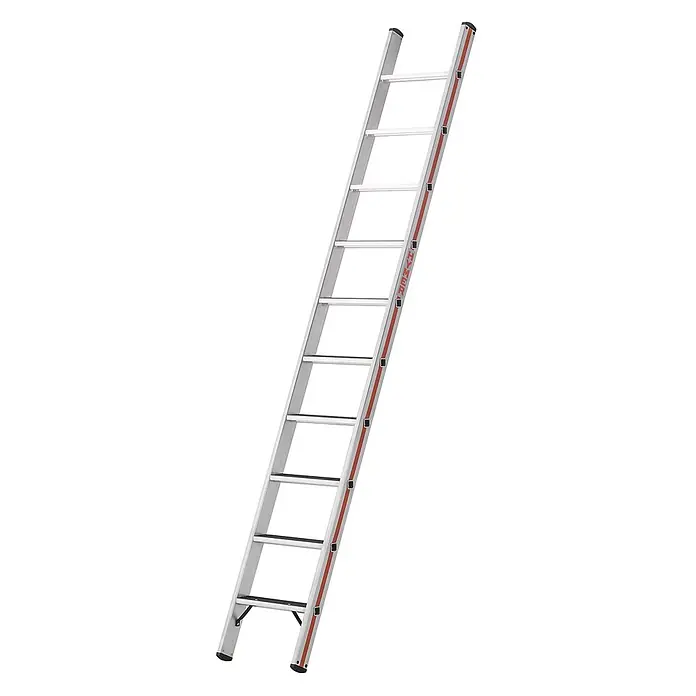 Hymer Anlegeleiter Stufenanlegeleiter R13-Beschichtung 10 Stufen - Anzahl Tritte: 10 Stk., Arbeitshöhe: 3.630 m, Aluminium - Silberfarbene Metallleiter mit mehreren Sprossen und roten/schwarzen Akzenten, zum Klettern.