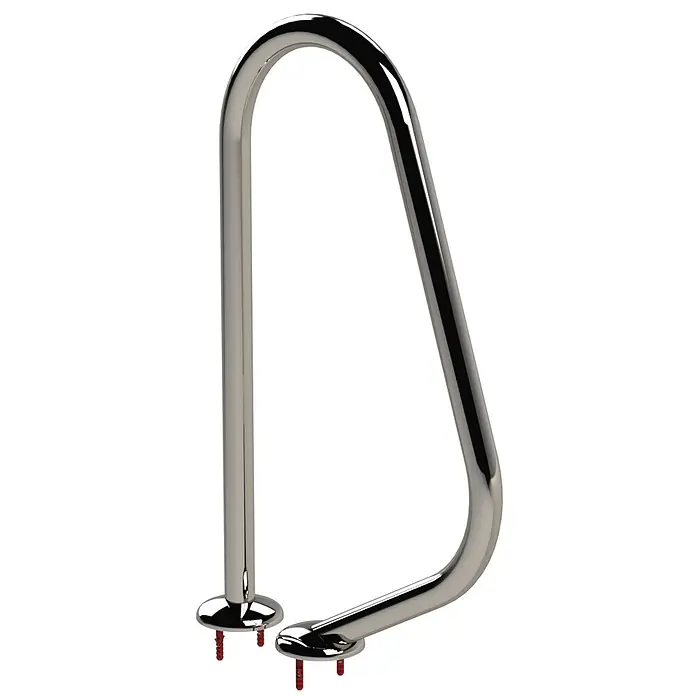 Ideal Eichenwald Anlegeleiter Poolleiter Modell 04 Tina geteilt Griffbogen Typ 150R mit Rosetten - Belastbarkeit: 120 kg, Edelstahl - Polierte Chrom-Haltestange in U-Form, zur Stabilität und Unterstützung, mit roten Befestigungsdübeln.