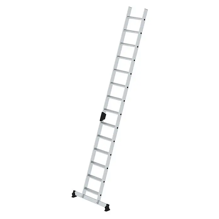 Munk Anlegeleiter Stufenanlegeleiter mit nivello-Traverse und Ergo-Pad 14 Stufen - Anzahl Tritte: 14 Stk., Arbeitshöhe: 4.800 m, Belastbarkeit: 150 kg, Aluminium - Silberne Aluminium-Ausziehleiter mit Stabilisator und schwarzen Anti-Rutsch-Füßen.