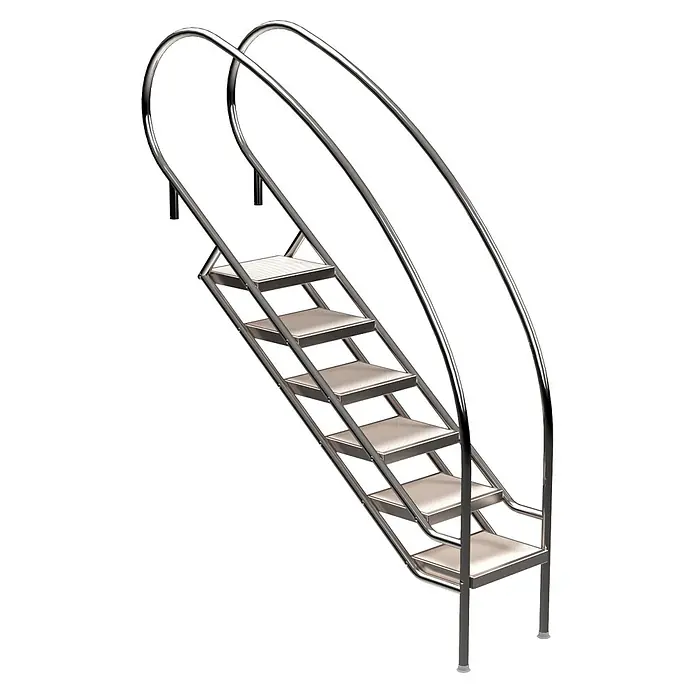 Ideal Eichenwald Anlegeleiter Pooltreppe Modell 08.2 Miami Swing Beckentiefe 1399mm Ausladung 1338mm 6 -W - Anzahl Tritte: 6 Stk., Belastbarkeit: 120 kg, Edelstahl - Polierte Edelstahlstufen mit geschwungenen Handläufen und strukturierten Trittflächen für sicheren Halt.